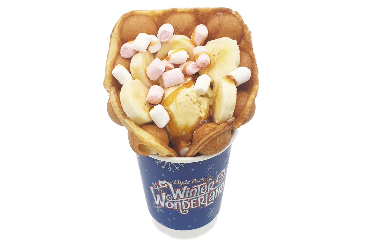Foodally Bubble Waffle bananas caramel sauce marshmellows and vanilla ice cream
